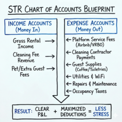 Rental property chart of accounts diagram showing how STR income, platform fees, repairs, and capital improvements are categorized.