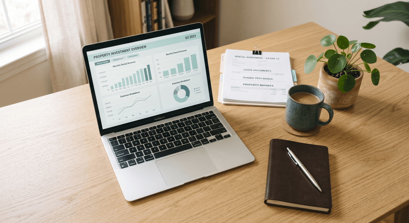 Organized financial documents and laptop