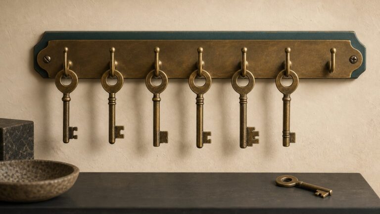 A row of brass keys on wall hooks with one hook empty and its key fallen below