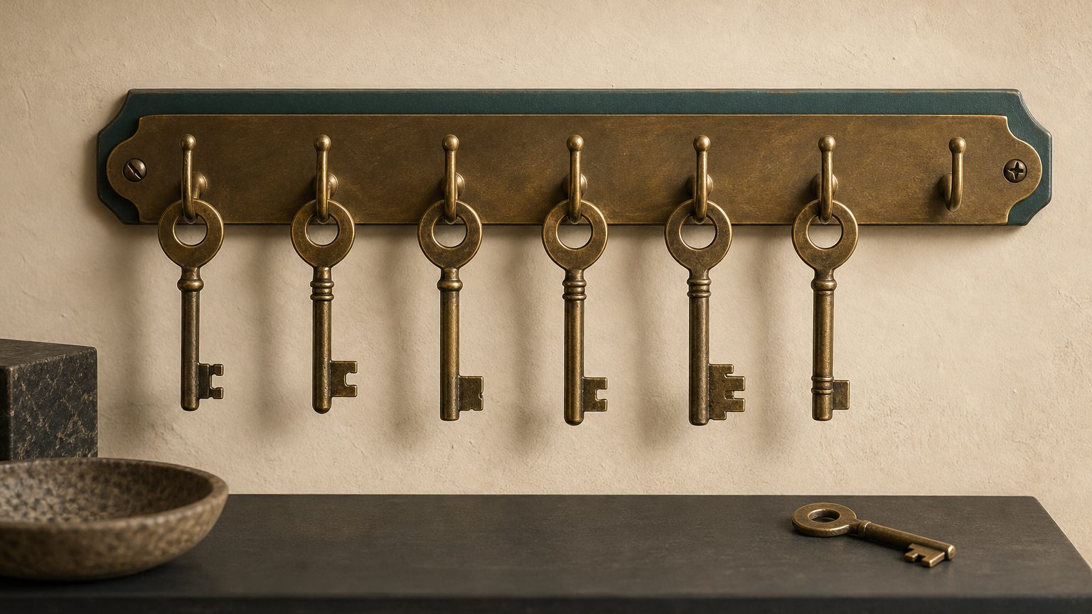 A row of brass keys on wall hooks with one hook empty and its key fallen below