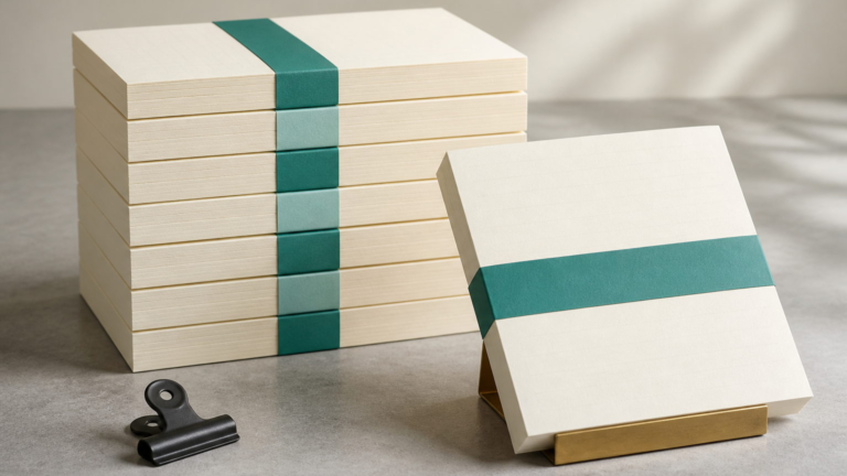 A tall stack of blank banded statements with one bundle lifted clear on a small brass stand