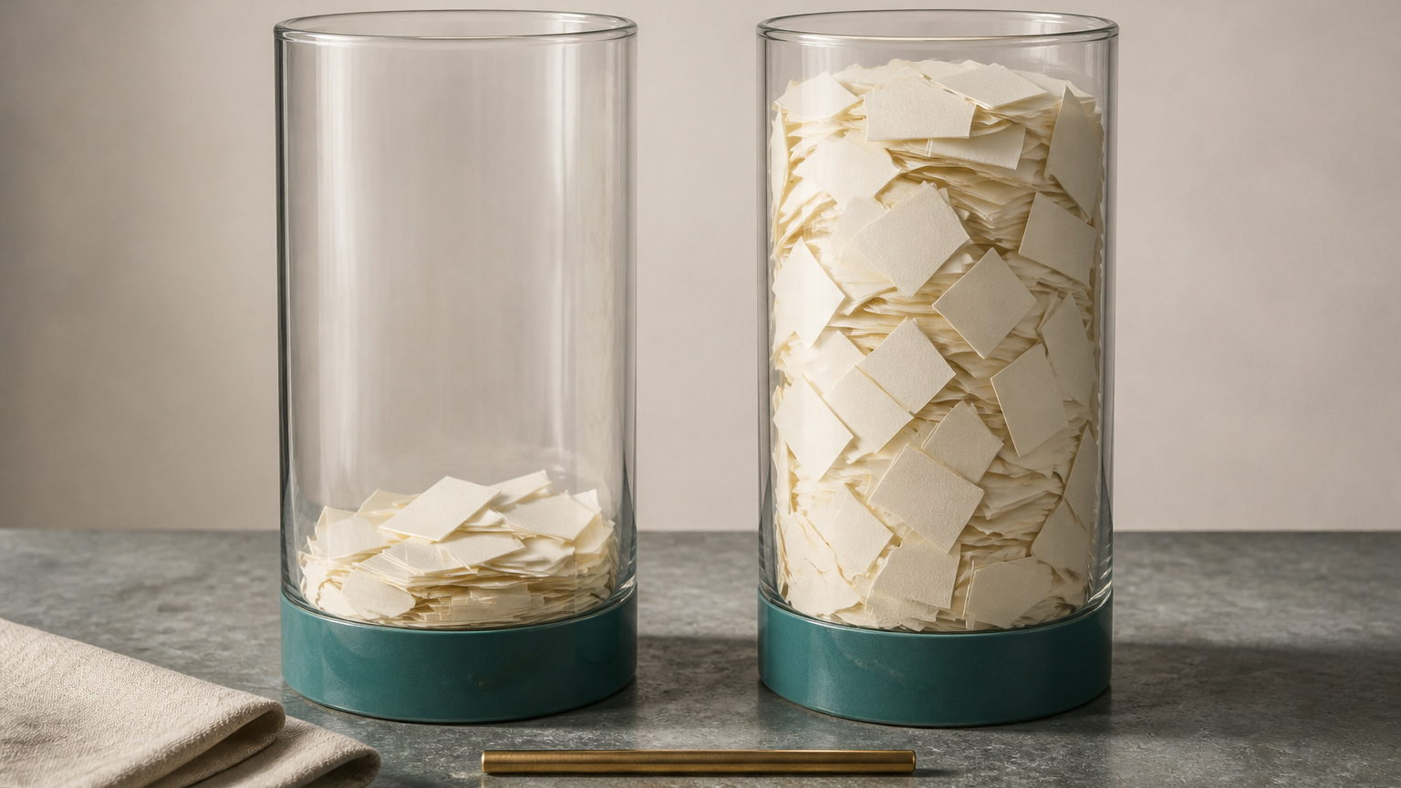 Two identical glass cylinders on a stone surface, one holding a few blank paper slips and the other filled to the top