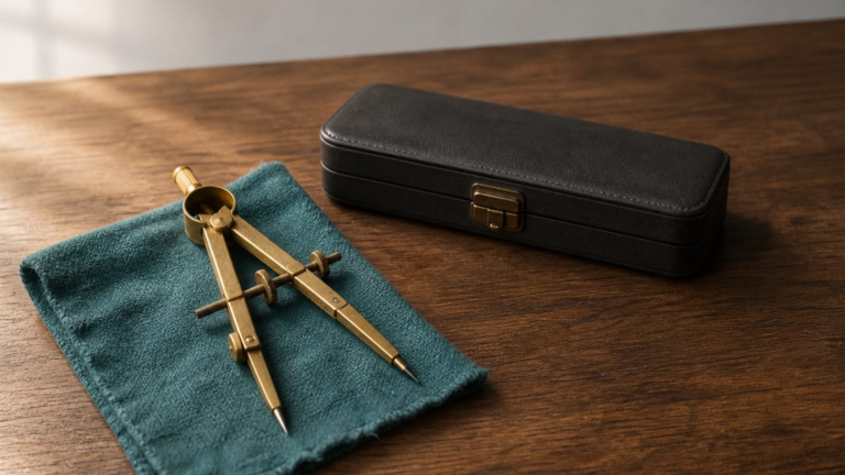 An open brass drafting compass beside a second identical instrument still in its closed case