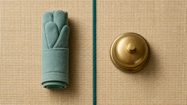 A rolled canvas work glove and a brass service bell placed either side of a teal cord running down the centre
