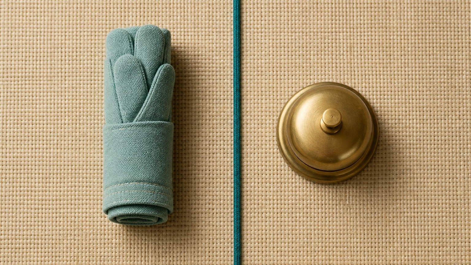 A rolled canvas work glove and a brass service bell placed either side of a teal cord running down the centre