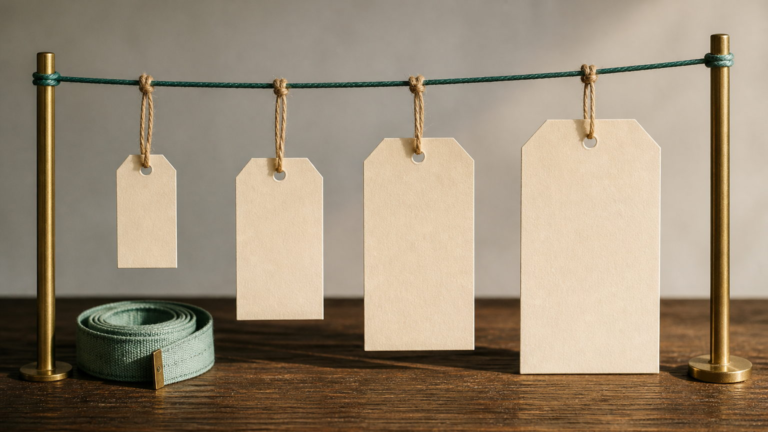 Four blank tags of increasing size hanging from a teal cord strung between two brass posts, a coiled measuring tape below