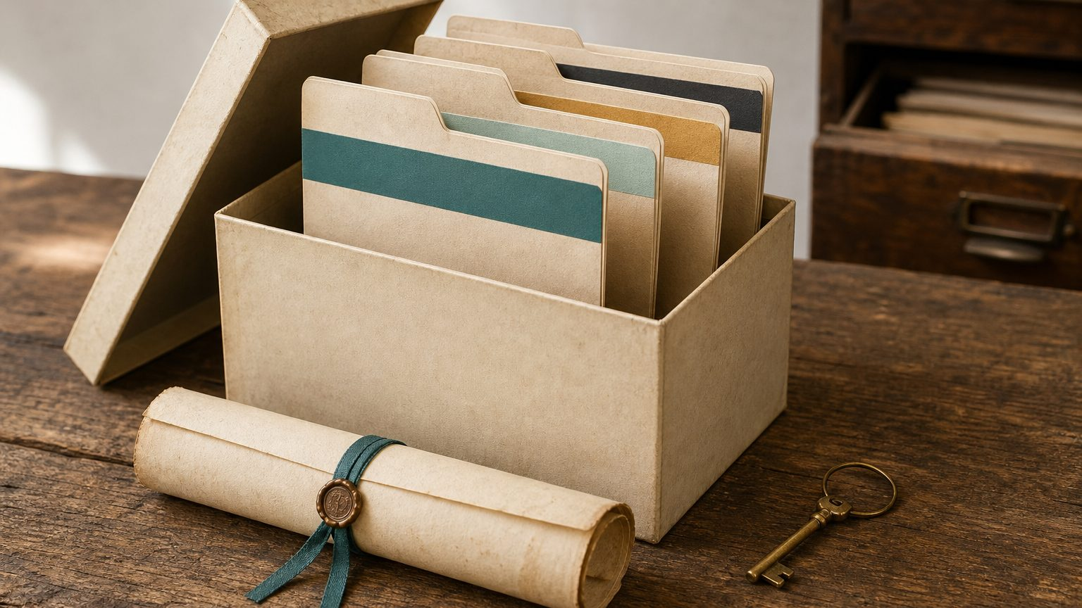 An archival document box holding four colour-banded folders beside a rolled deed and a brass key