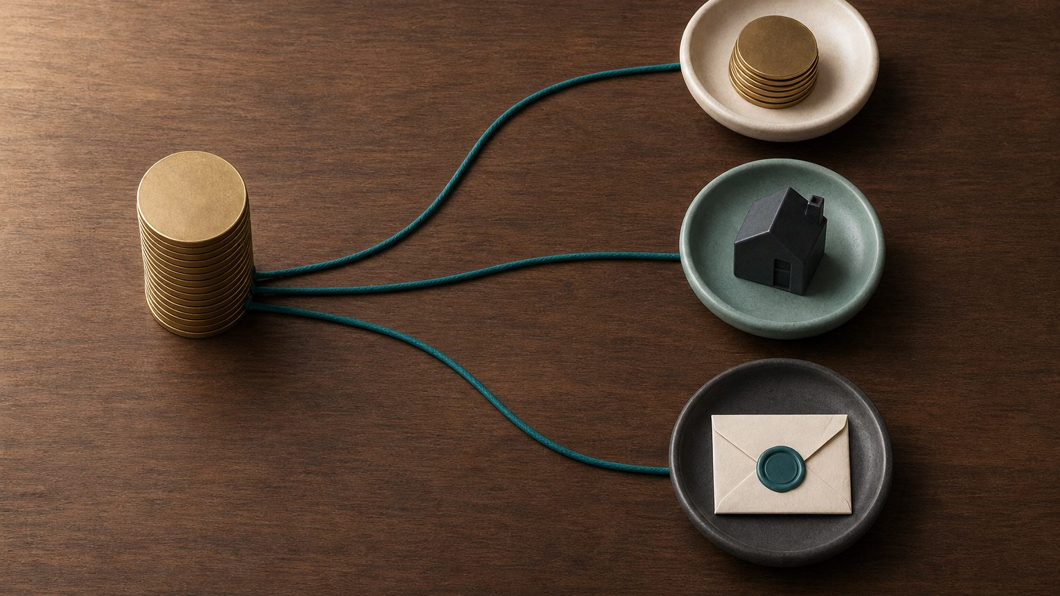A tall brass stack divided by three teal cords into three separate dishes