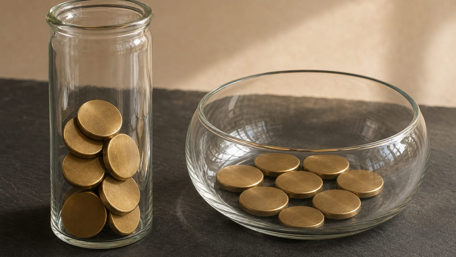 A tall glass jar and a wide glass bowl holding the same quantity of brass discs at different apparent levels