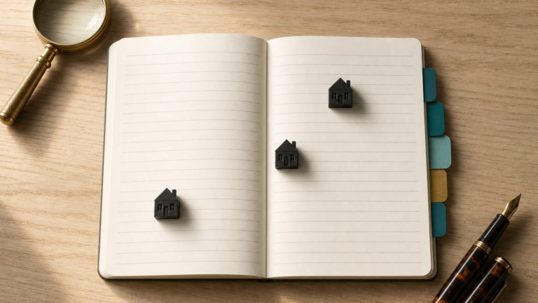 An open ruled ledger with three small dark house figurines and coloured tab dividers