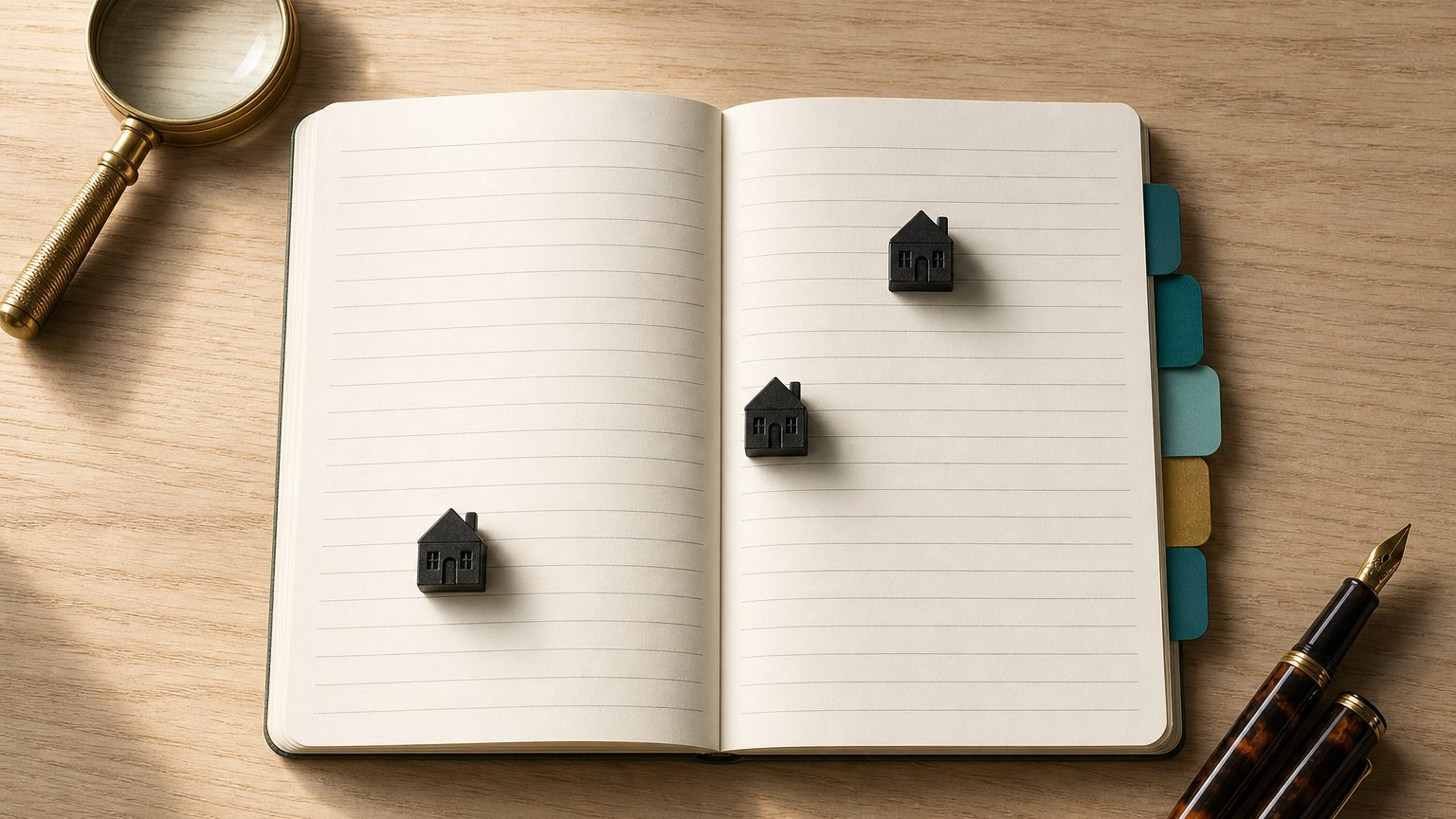An open ruled ledger with three small dark house figurines and coloured tab dividers