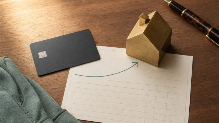 A plain charcoal payment card linked by a teal arc to a small brass house figurine