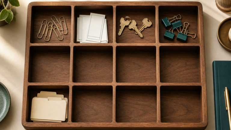 A compartmented wooden sorting tray with items grouped into separate compartments