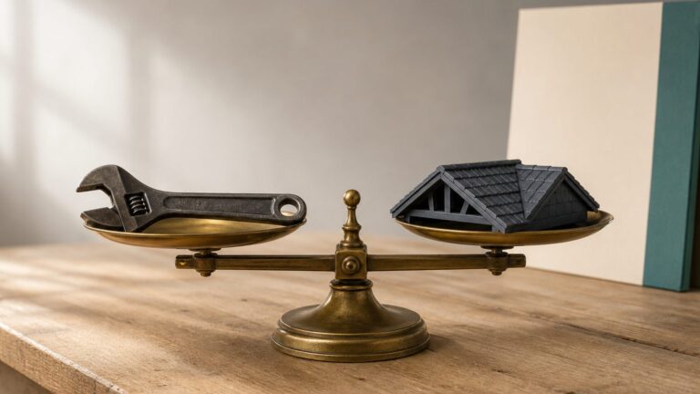 A brass balance scale holding a wrench on one pan and a model roof section on the other