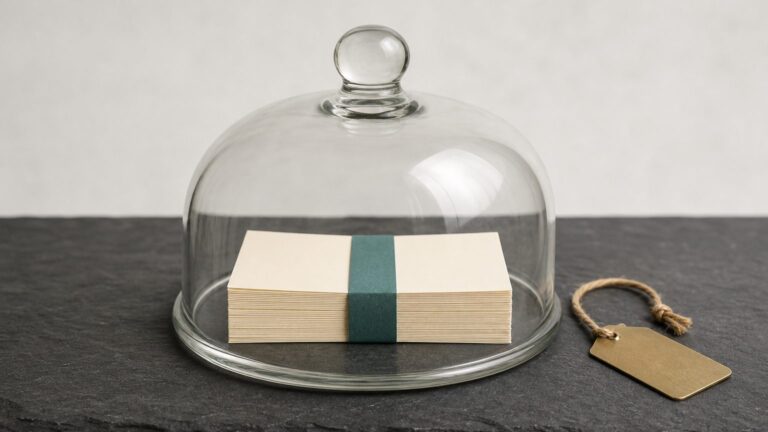 A stack of blank banded notes sealed under a glass cloche on slate