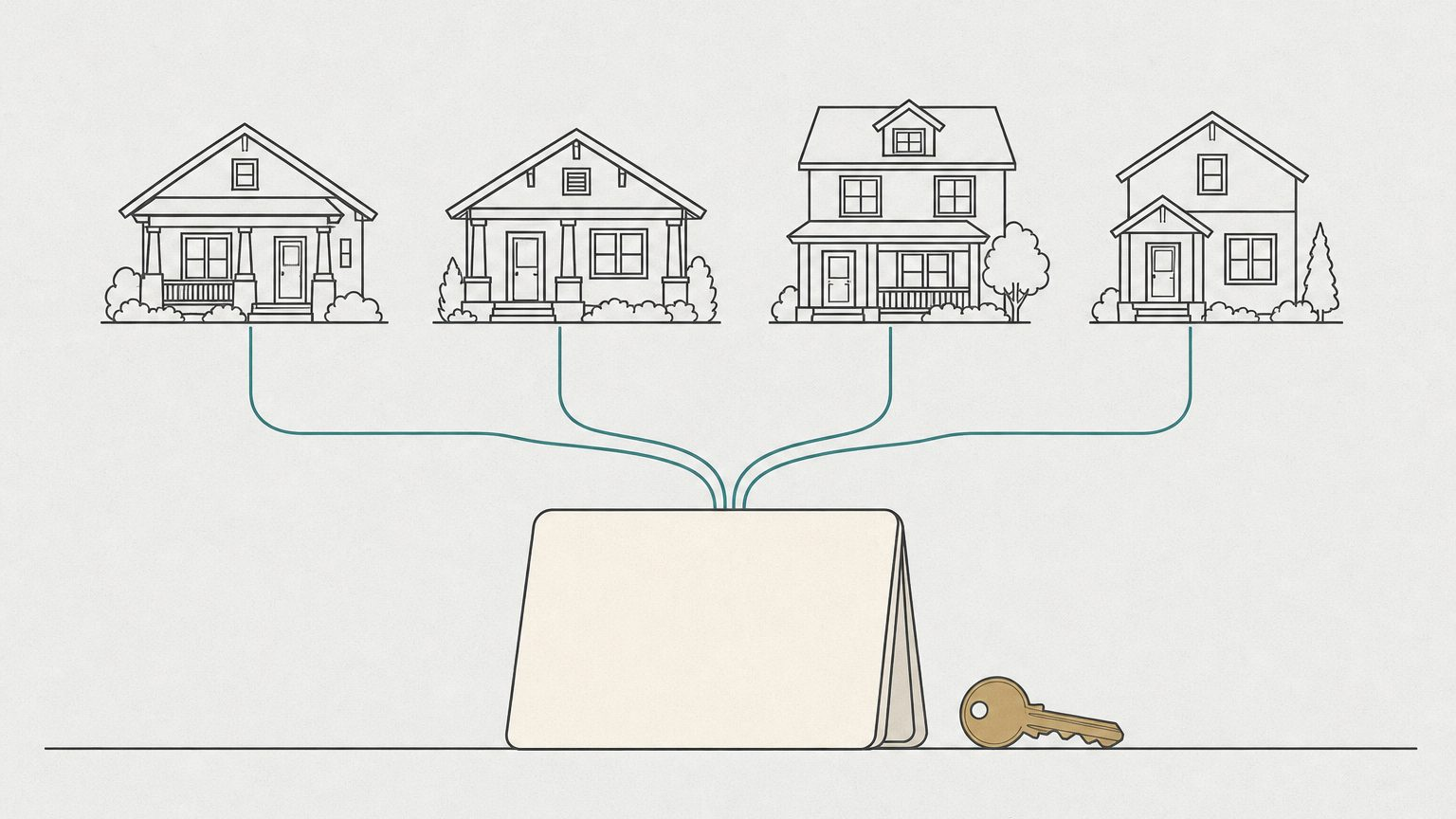 Four house line drawings joined by teal lines converging into a single bank passbook
