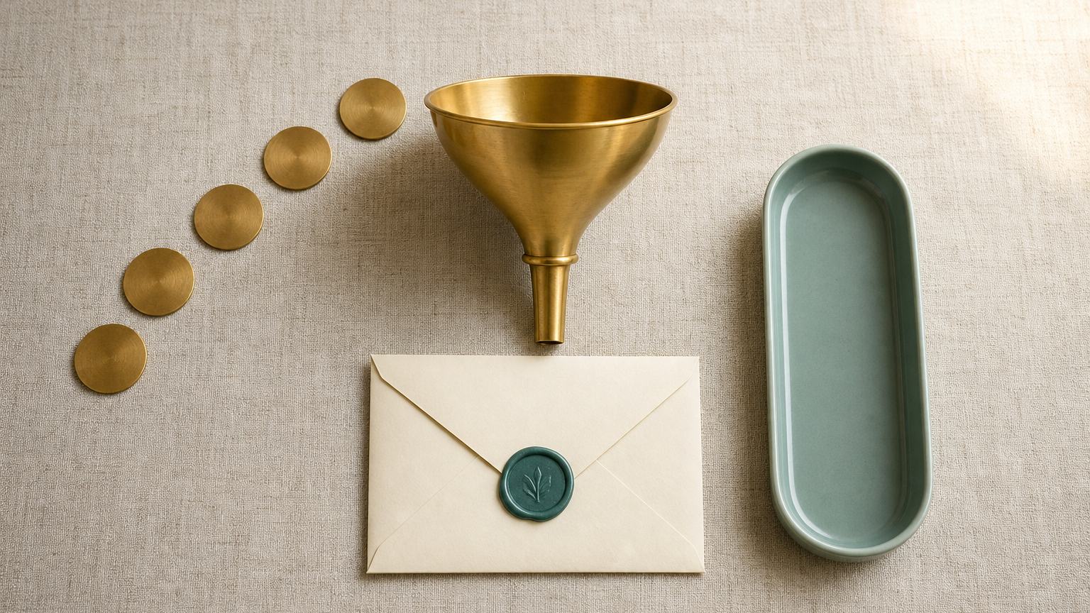 A brass funnel feeding a sealed envelope, with brass discs arcing toward it