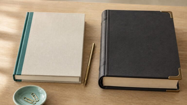A slim cloth-bound ledger and a thicker leather-bound ledger side by side on a desk