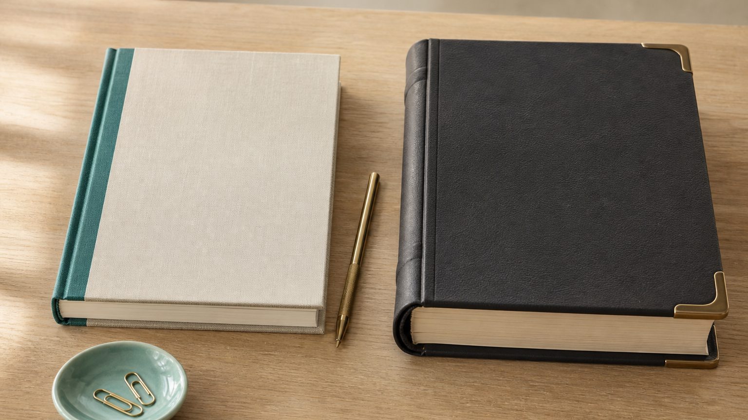 A slim cloth-bound ledger and a thicker leather-bound ledger side by side on a desk