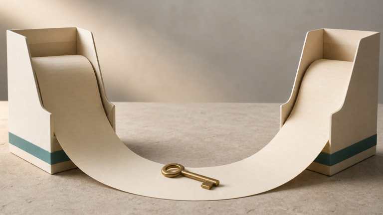One unbroken ribbon of ruled ledger paper running from one document holder into another, a brass key resting at its midpoint