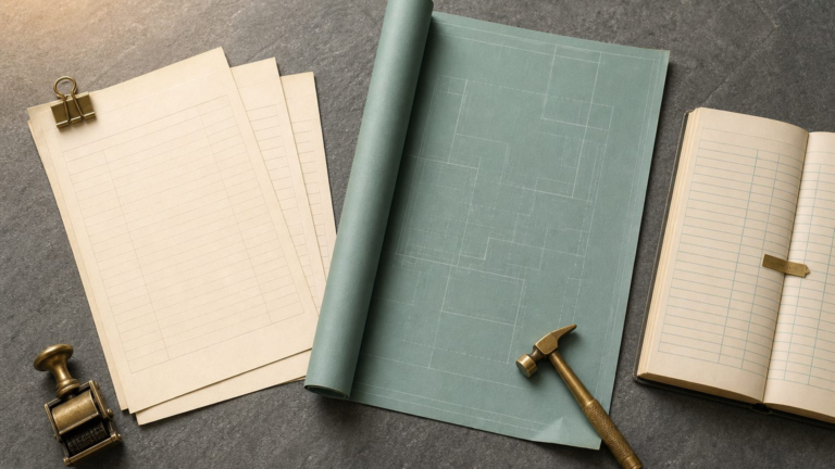 Clipped invoices, a rolled blueprint with a brass hammer, and an open register book