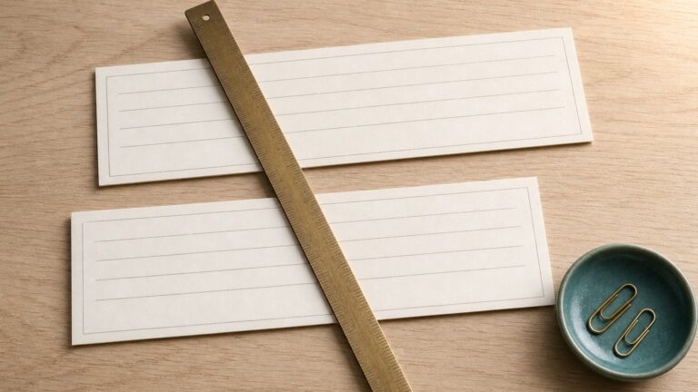 Two ruled paper slips aligned by a brass ruler laid across them
