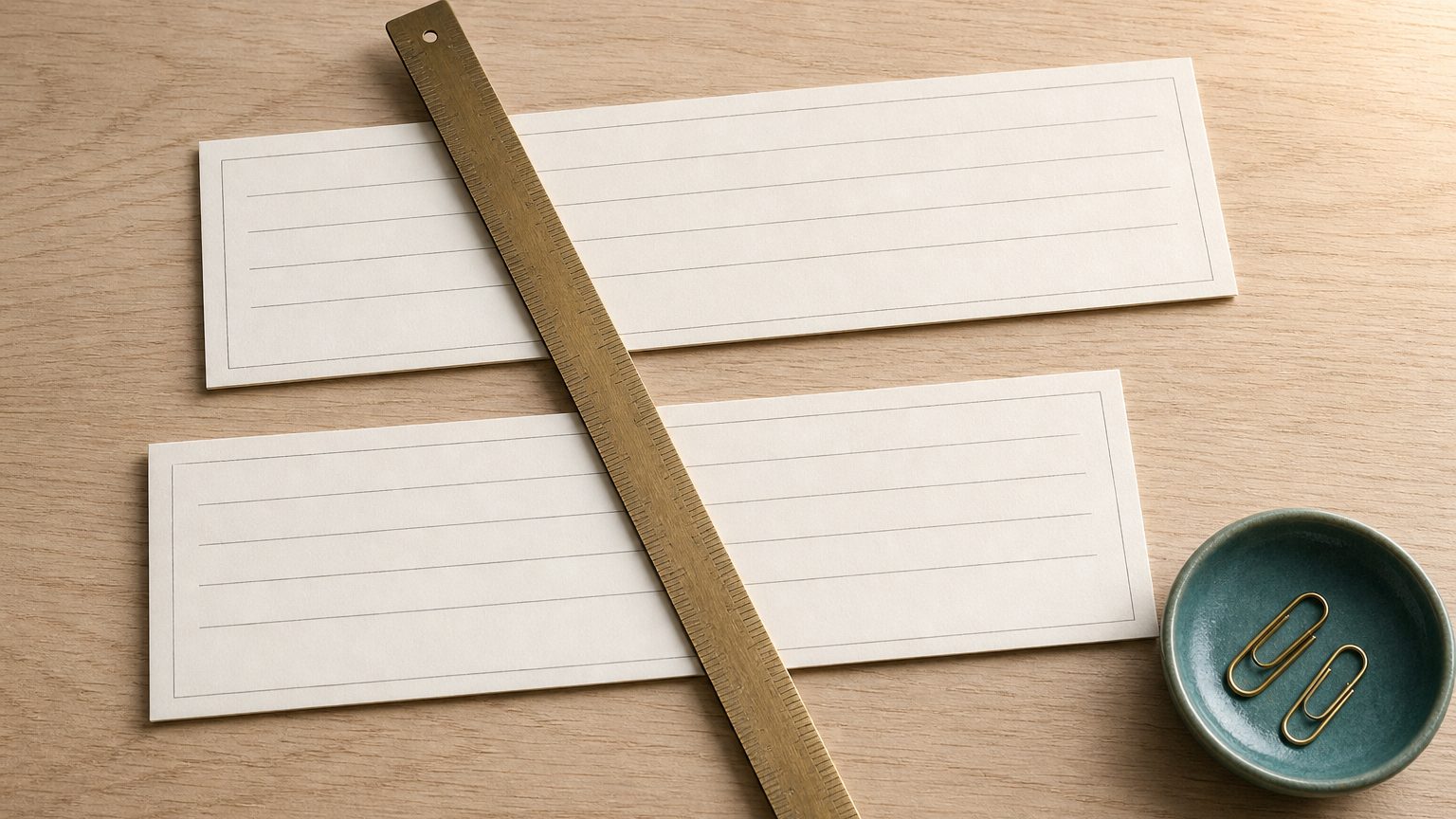 Two ruled paper slips aligned by a brass ruler laid across them
