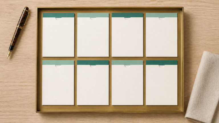 A shallow brass tray holding eight blank document sleeves arranged in two rows
