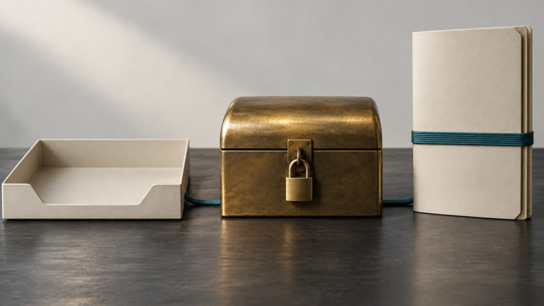 An empty cream tray, a locked brass strongbox, and a closed cream folder in a row on blackened steel, linked by a single teal cord