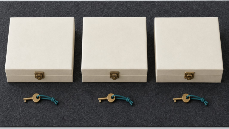 Three identical latched cream document boxes in a row on dark felt, each with its own brass key on a teal cord in front of it