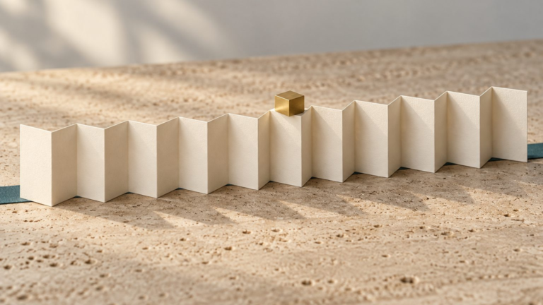 A long strip of cream paper folded into twelve accordion panels on travertine, with a small brass cube resting on the seventh panel