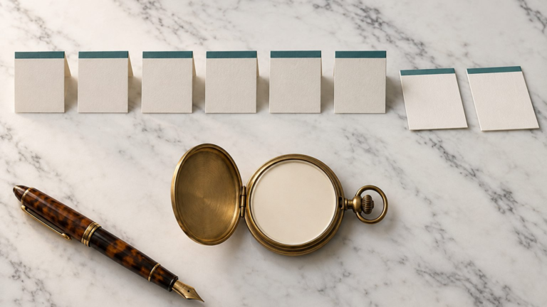 A row of eight folded cream place cards on white marble, six standing and two lying face down, with a brass pocket watch below them