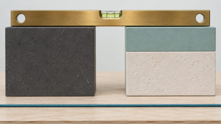 A brass spirit level laid across two blocks of exactly equal height, one dark stone and one made of two stacked pieces, on a birch workbench