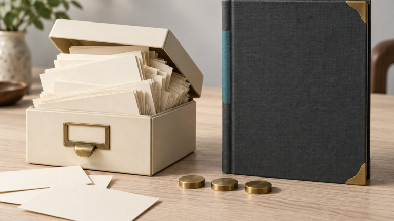An overfilled cream card-index box with its lid propped open beside a closed dark cloth ledger with brass corners, on a pale ash table